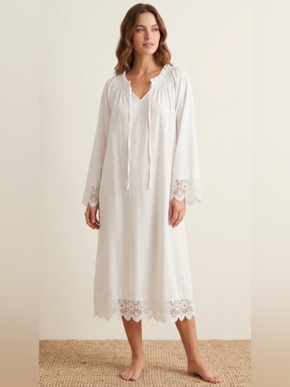 Handmade night or day dress smock neck ruffle edge crochet trim bell sleeve L